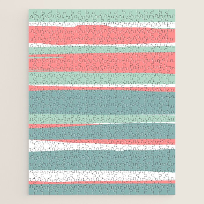 Festive, Abstract, Colorful Stripes, Coral And Teal Green Jigsaw Puzzle