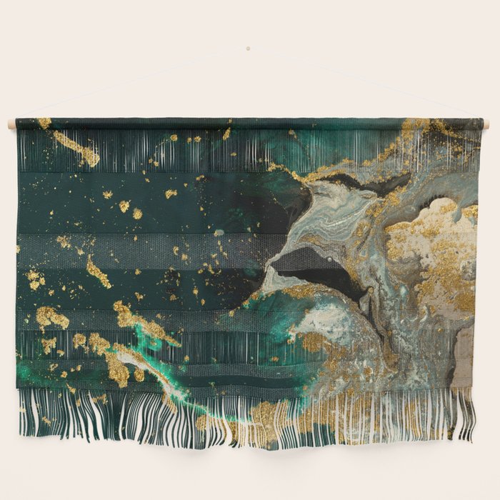 Abstract Pour Painting Liquid Marble Abstract Dark Green Painting Gold Accent Agate Stone Layers Wall Hanging