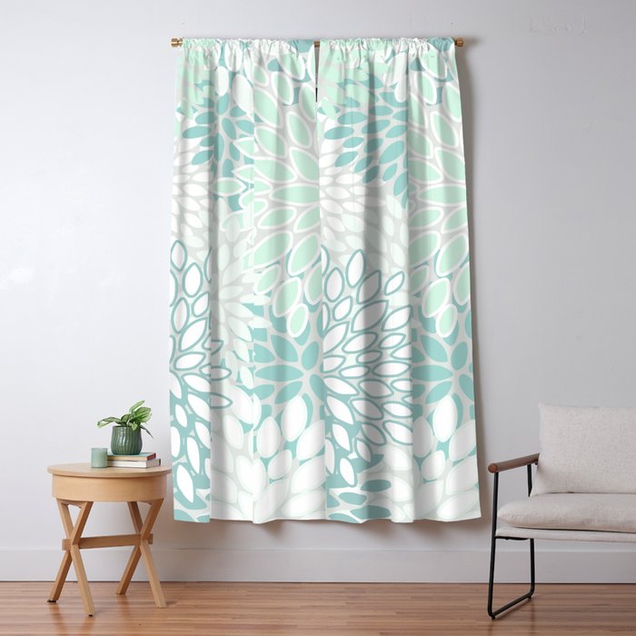 Floral Blooms, Soft Teal And Mint Window Curtain