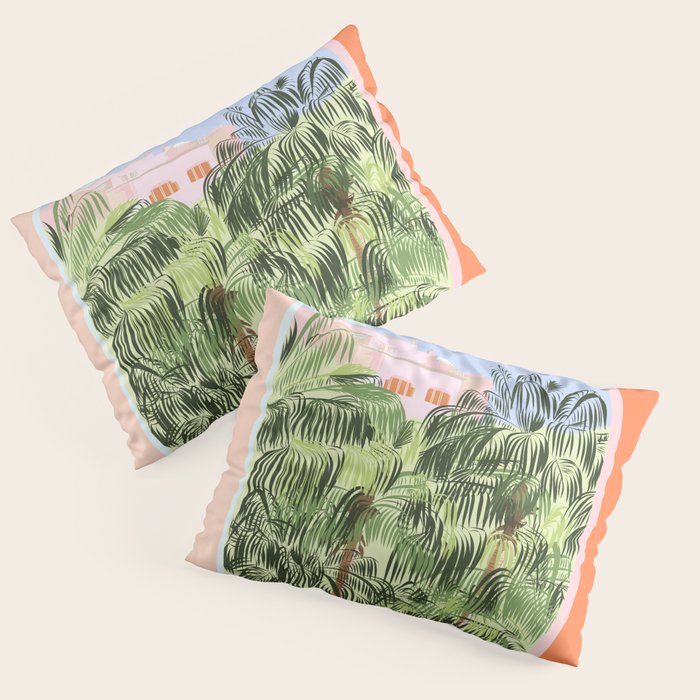 Summer Travel, Tropical Nature Palm Trees, Modern Architecture Palace Illustration Painting Pillow Sham