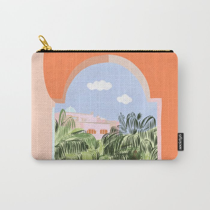 Summer Travel, Tropical Nature Palm Trees, Modern Architecture Palace Illustration Painting Carry All Pouch