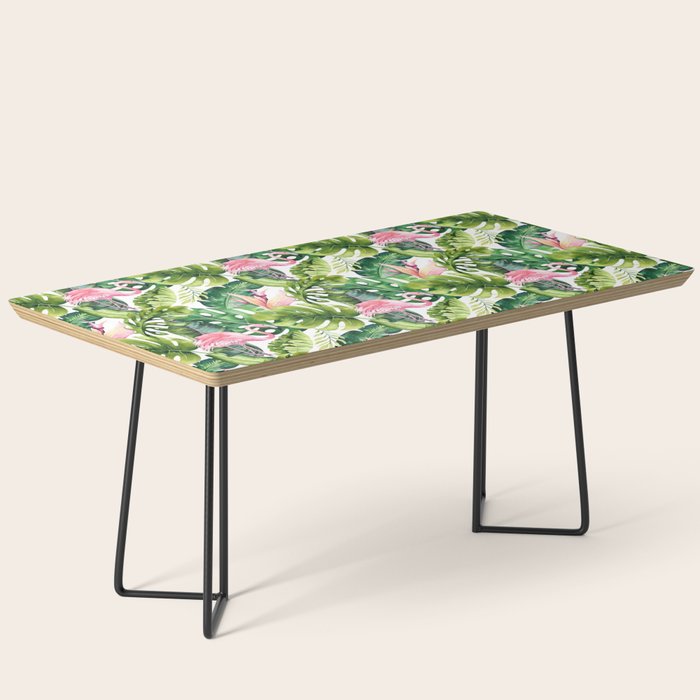 Flamingo Tropical, Colorful Tropical Jungle Monstera Painting, Watercolor Birds Banana Leaves Coffee Table