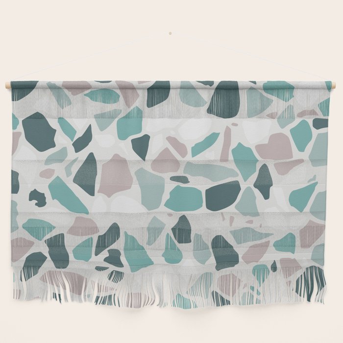 Festive, Terrazzo Mosaic Pattern, Teal, Green, Sage, Dusky Pink Wall Hanging