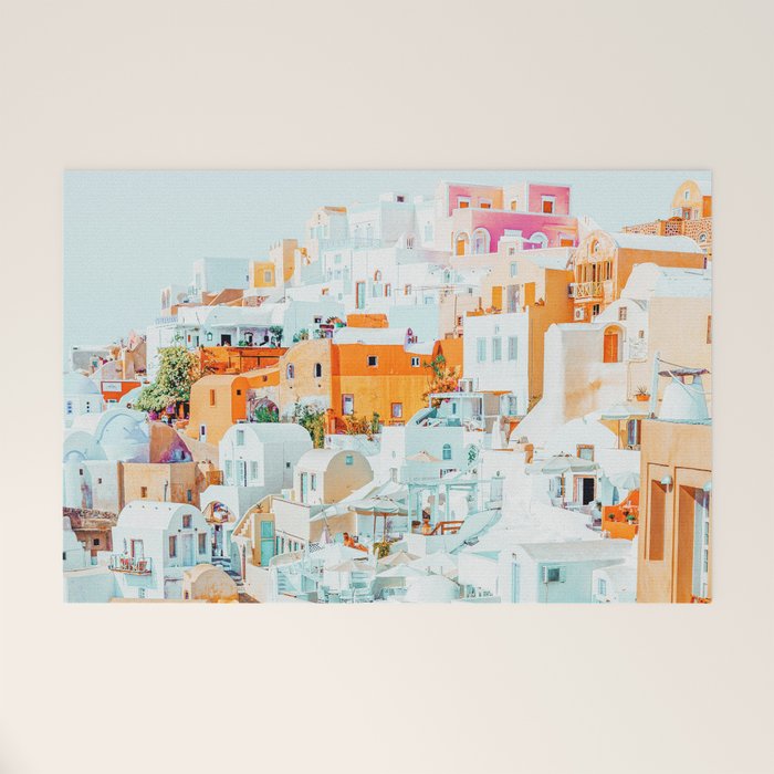 Santorini Vacay | Greece Summer Travel Architecture Buildings | Pastel Beachy Cityscape Photography Welcome Mat
