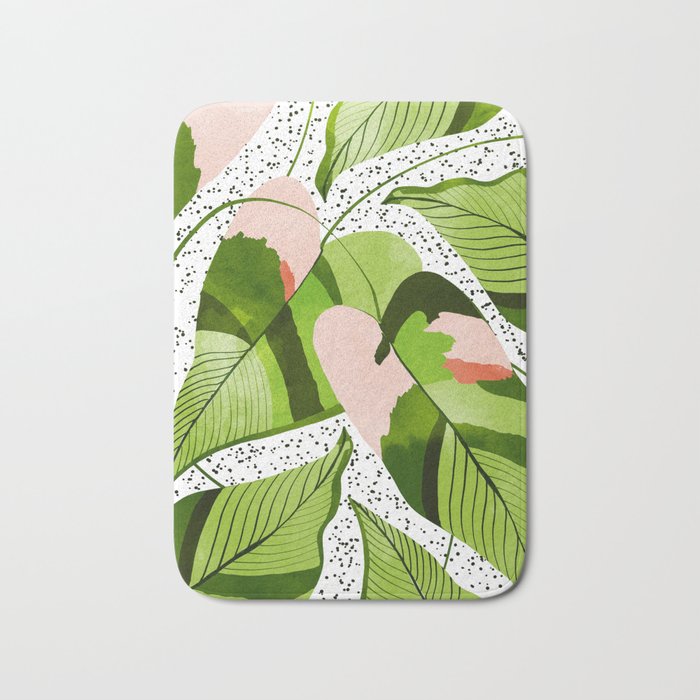 Blushing Leaves Watercolor Painting, Colorful Botanical Illustration, Tropical Modern Bohemian Bath Mat