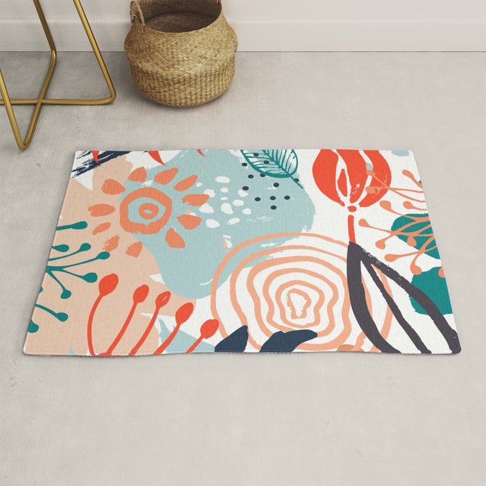 Summer Abstract, Floral Prints, Orange, Teal, Blue, Colourful Prints. Rug