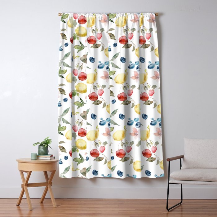 Lemon Berries And Cherries Watercolor Pattern Window Curtain