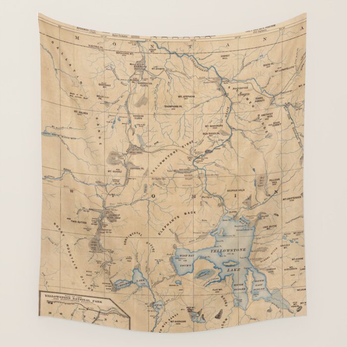 Vintage Map Of Yellowstone National Park (1889) Wall Tapestry