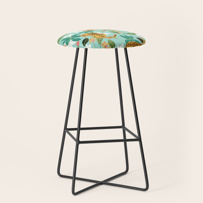 Cheetah Jungle, Wildlife Nature Wild Cats Tigers Leopard Botanical Animals Mint Quirky Illustration Stool