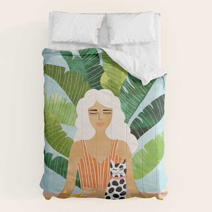 Meditation With Thy Cat Poster | Blonde Woman Of Color | Tropical Banana Leaves Quirky Pet Workout  Comforter