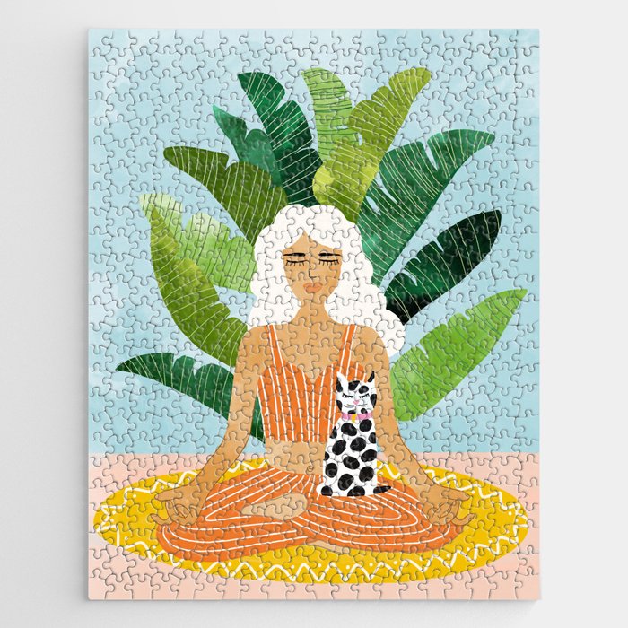 Meditation With Thy Cat Poster | Blonde Woman Of Color | Tropical Banana Leaves Quirky Pet Workout  Jigsaw Puzzle