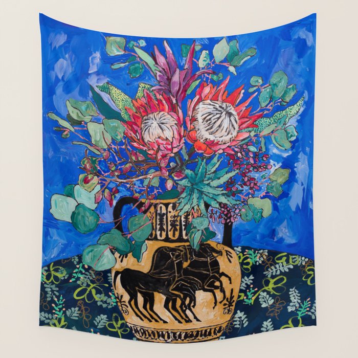 Painterly Bouquet Of Proteas In Greek Horse Urn On Blue Wall Tapestry