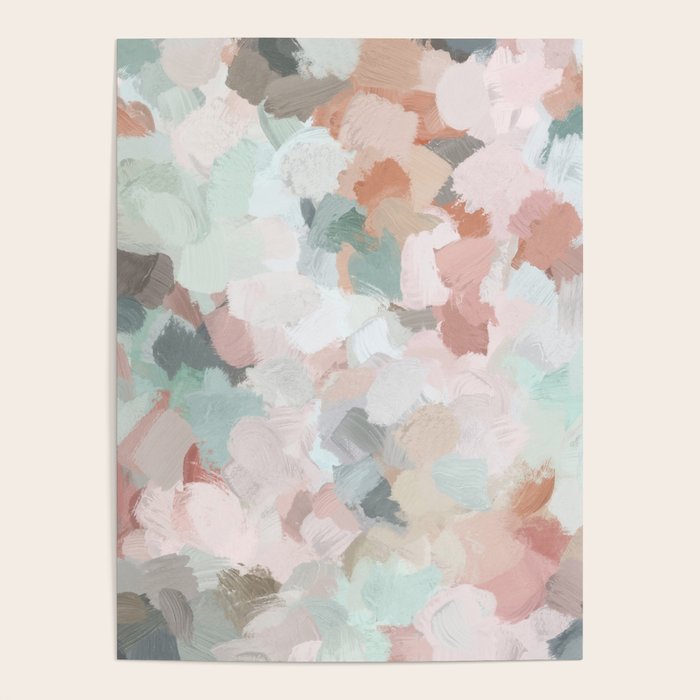 Minty Kisses - Blush Pink Mint Green Blue Coral Peach Abstract Flower Wall Art Springtime Painting Poster
