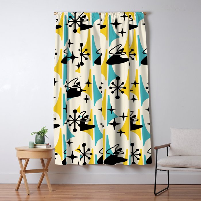 Mid Century Modern Cosmic Boomerang 726 Black Turquoise And Yellow Window Curtain