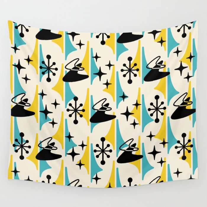 Mid Century Modern Cosmic Boomerang 726 Black Turquoise And Yellow Wall Tapestry