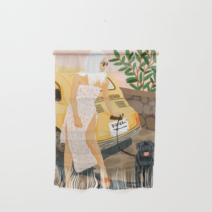 Tour, Pet Dog Walk, Italy Summer Fashion Woman, Animal Illustration, Travel Bohemian Cooper Painting Wall Hanging