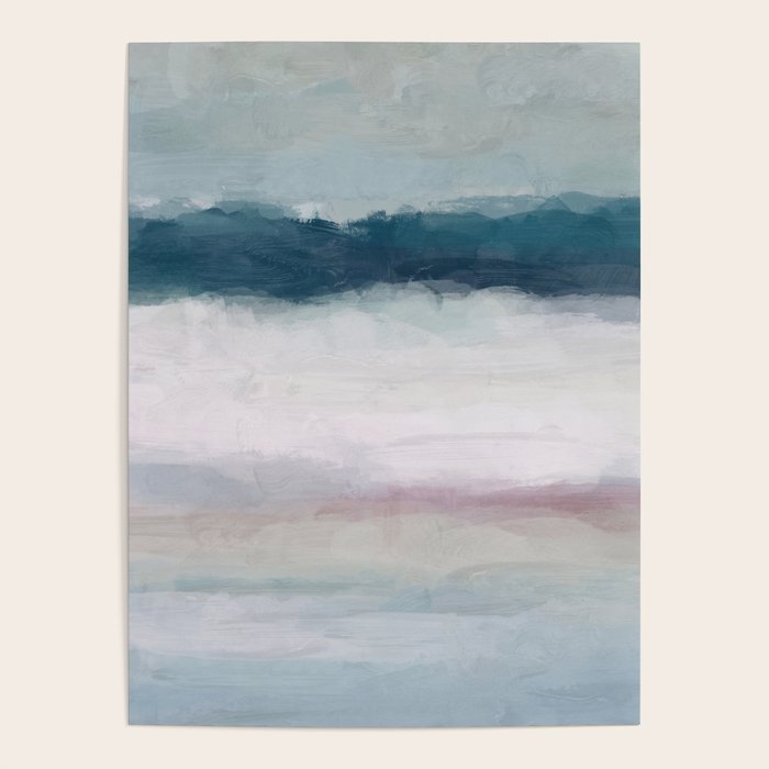 Lullaby Waves I - Dark Teal Blue White Pink Light Blue Modern Art, Ocean Waves Diptych Nursery Beach Poster