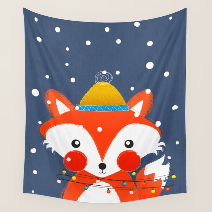 Cute Christmas Fox In The Snow Wall Tapestry