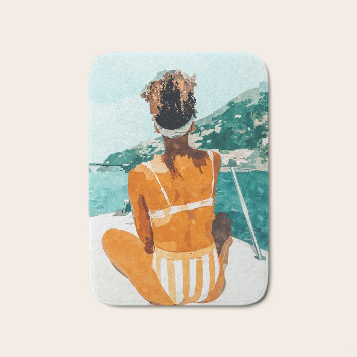 Solo Traveler, Watercolor Black Woman Painting, Travel Tropical Summer Illustration Bath Mat