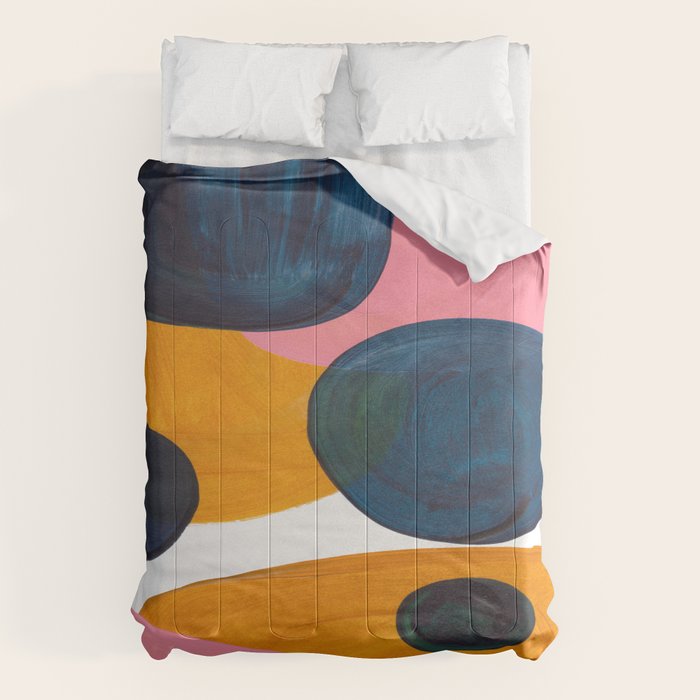 Mid Century Modern Abstract Minimalist Retro Vintage Style Pink Navy Blue Yellow Rollie Pollie Ollie Comforter
