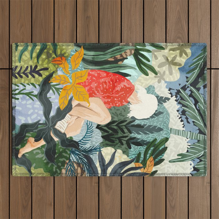 The Distracted Reader | Mindfulness Solo Travel | Bohemian Jungle Botanical Mood | Nature Book Lady Outdoor Rug