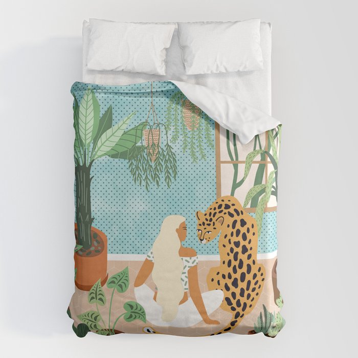 Urban Jungle Illustration, Tiger Home Decor, Woman & Modern Bohemian Wildlife Painting Duvet Cover