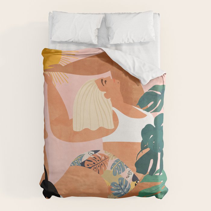 Tropical Yoga, Bohemian Woman Cat Pet Monstera Watercolor Painting, Blonde Quirky Illustration Duvet Cover