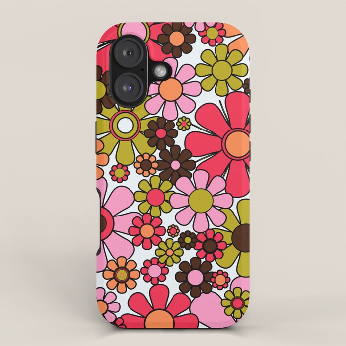 Retro Garden Flowers Groovy 60s 70s Floral Pattern In Pink, Dark Brown, Avocado Green, Orange, And Black Iphone Case