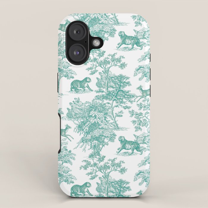 Toile De Jouy Vintage French Exotic Jungle Forest Teal & White Iphone Case