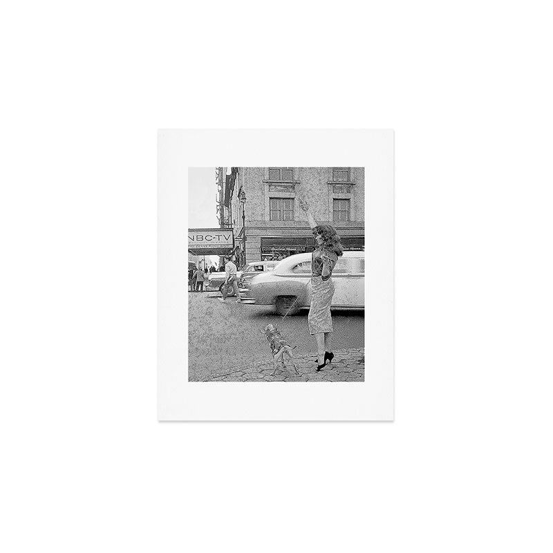 Young Woman With Pet Dog Hailing A Yellow Cab Taxi New York City Portrait Black And White Photograph - Photography - Photographs Art Print