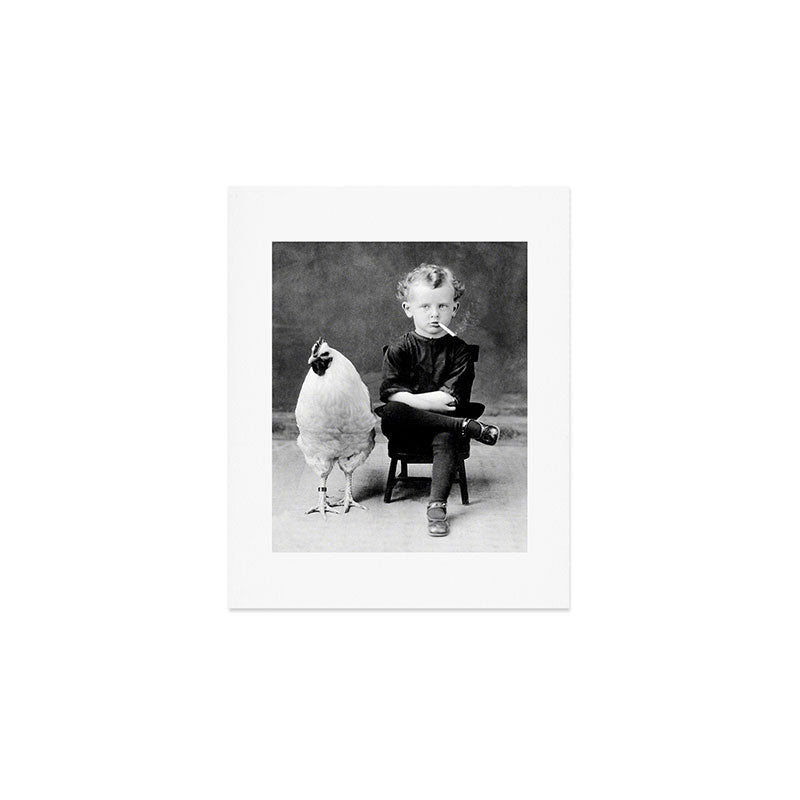 Smoking Boy With Chicken Black And White Photograph - Photography - Photographs Art Print