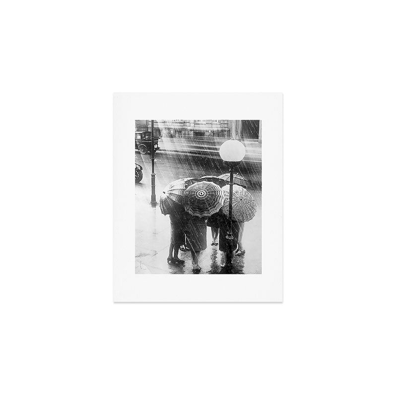 Friends In The Rain With Umbrellas Black And White Photography Art Print