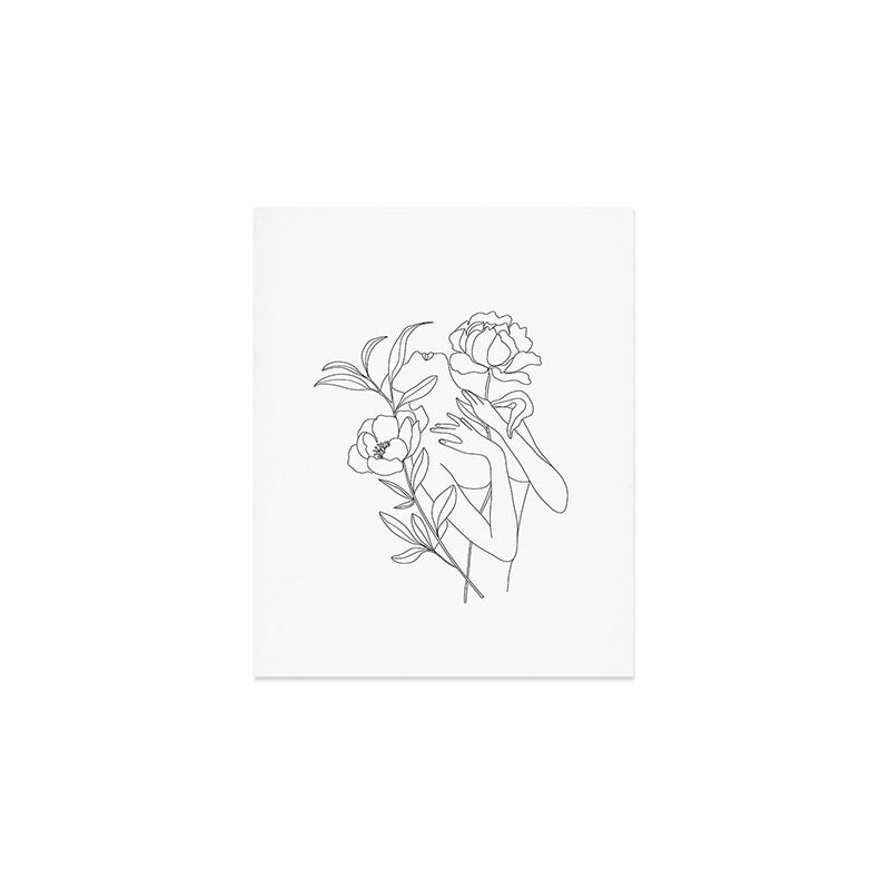 Minimal Line Art Woman With Peonies Art Print