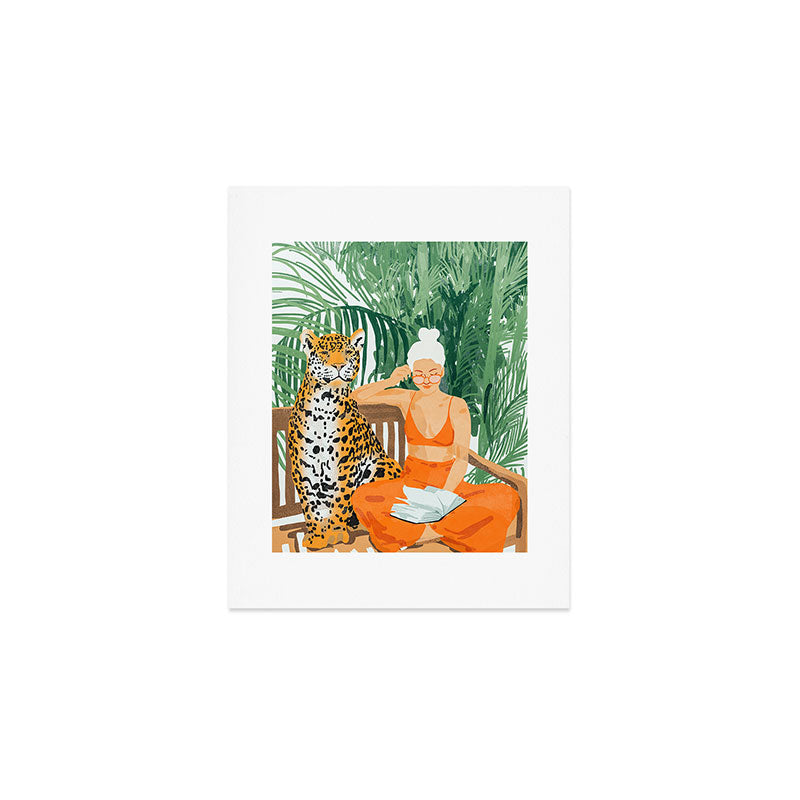 Jungle Vacay | Modern Bohemian Blonde Woman Tropical Travel | Leopard Wildlife Forest Reader Art Print