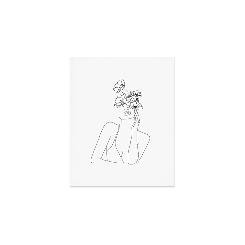 Minimal Line Art Woman With Flowers Art Print