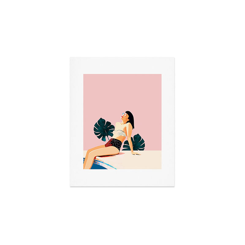 Sunday, Summer Swim Poolside Fashion, Bohemian Woman Sunbath Tan Bikini Monstera Tropical Travel Art Print