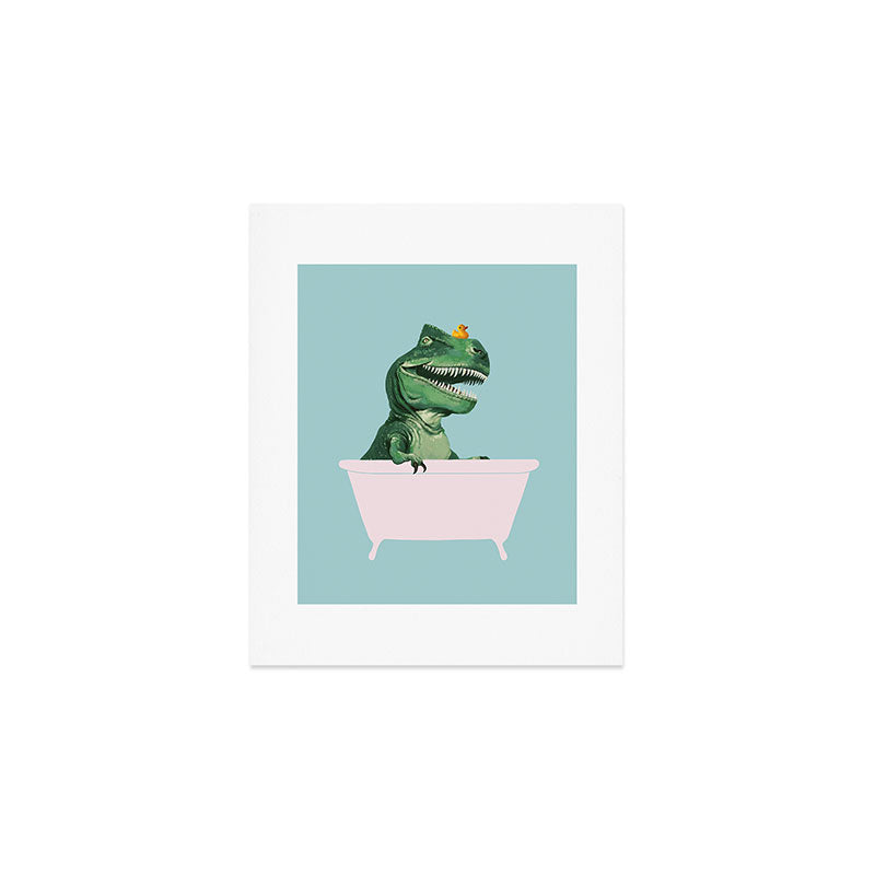 Playful T-Rex In Bathtub In Green Art Print
