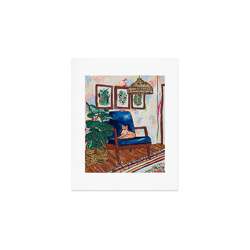 Ginger Cat On Blue Mid Century Chair Painting Art Print