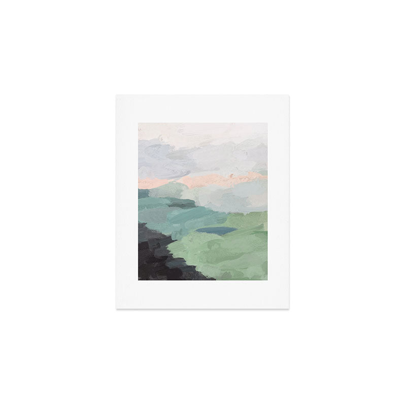 Farmland Sunset Ii - Seafoam Green Mint Black Blush Pink Abstract Nature Land Art Painting Art Print