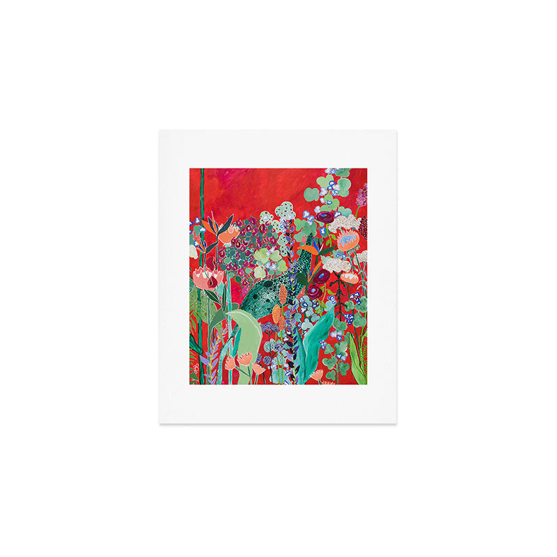 Red Floral Jungle Garden Botanical Featuring Proteas, Reeds, Eucalyptus, Ferns And Birds Of Paradise Art Print