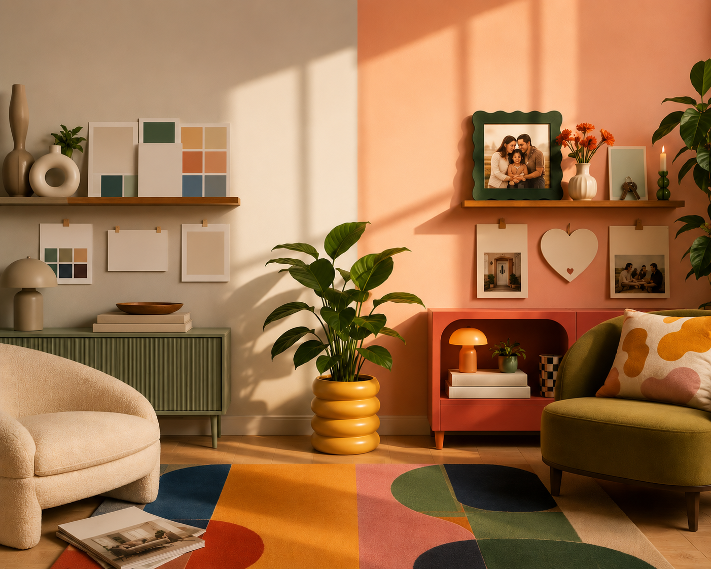 Colorful living room with split-tone walls, shelves, plants, and cozy armchairs