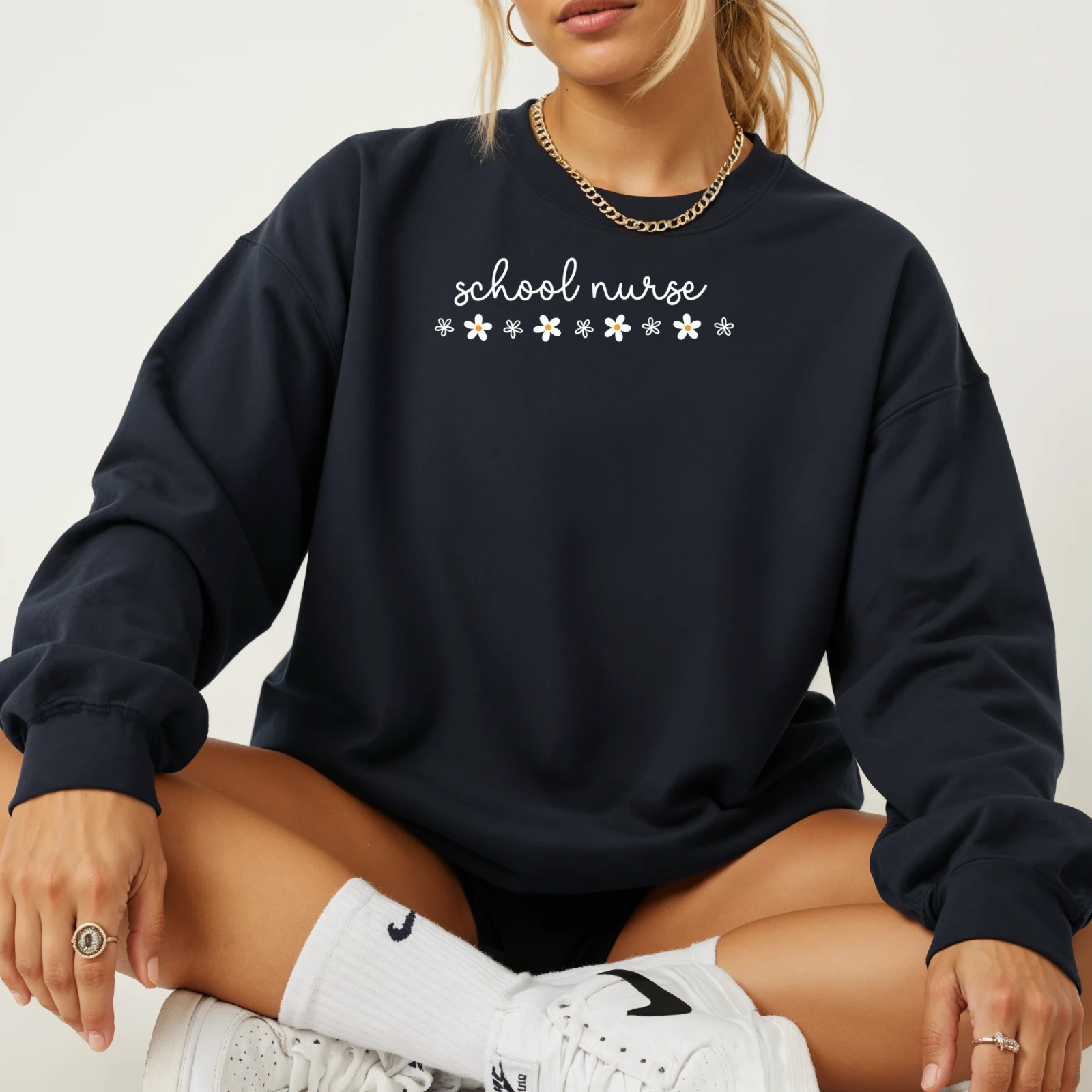 School Nurse Cursive Script Design with Daisies Sweater