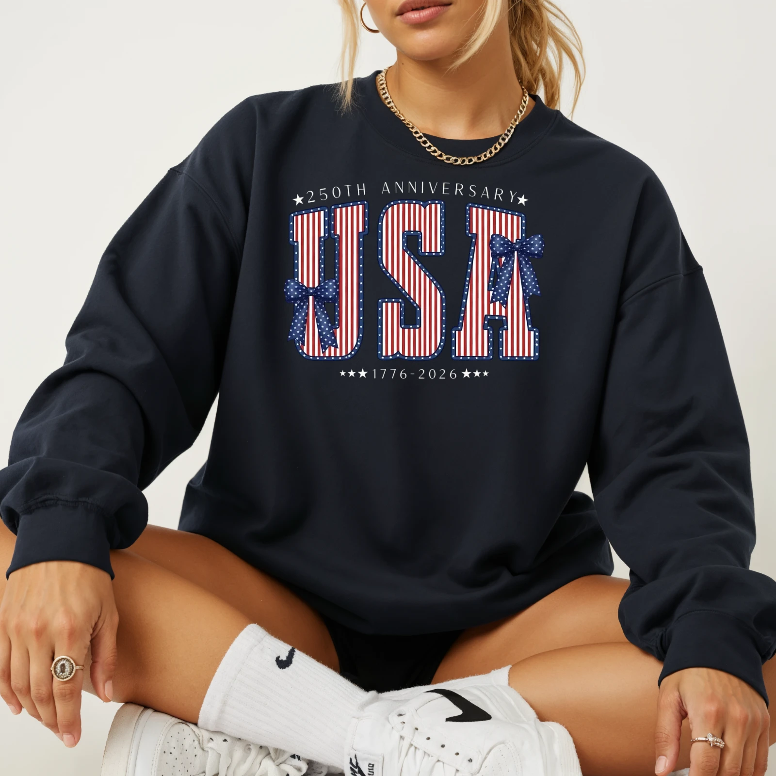USA 250th Anniversary Patriotic Bows Sweater