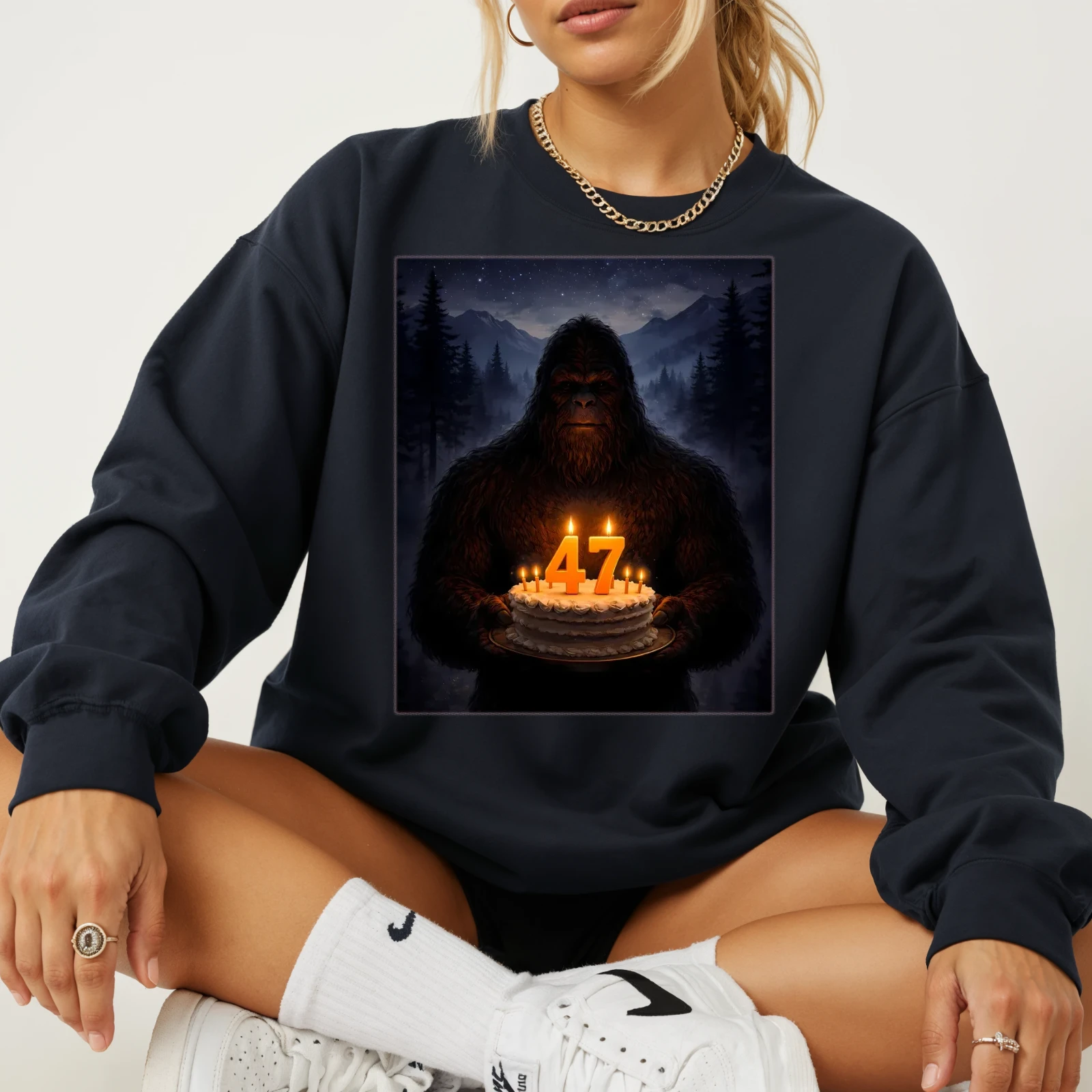 Bigfoot Celebrating a 47th Birthday with a Cake in the Forest Sweater
