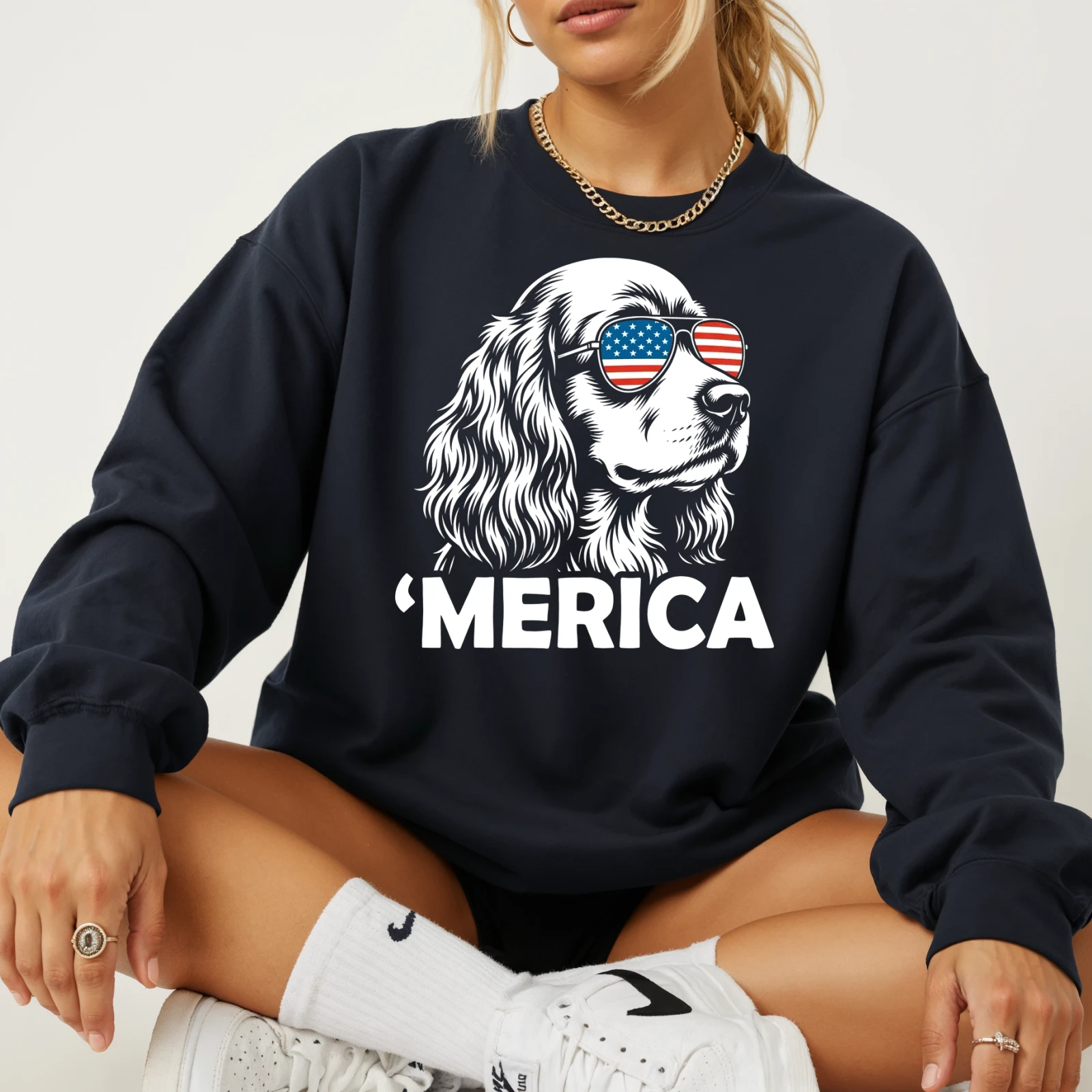 Patriotic Cocker Spaniel with American Flag Sunglasses Sweater